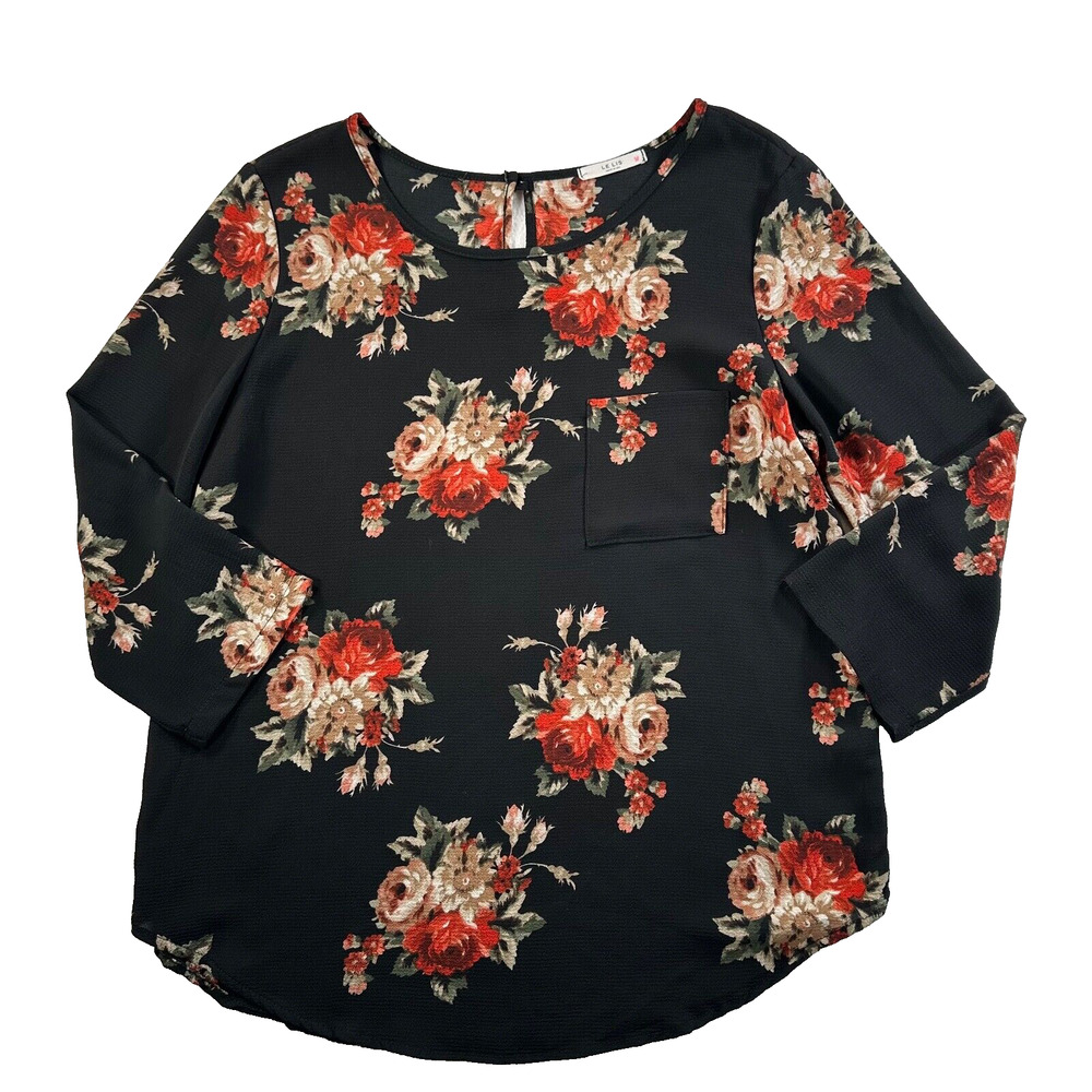 Le Lis Black Floral Blouse Top Womens Size Large Pocket Round Neck 3/4 Sleeve